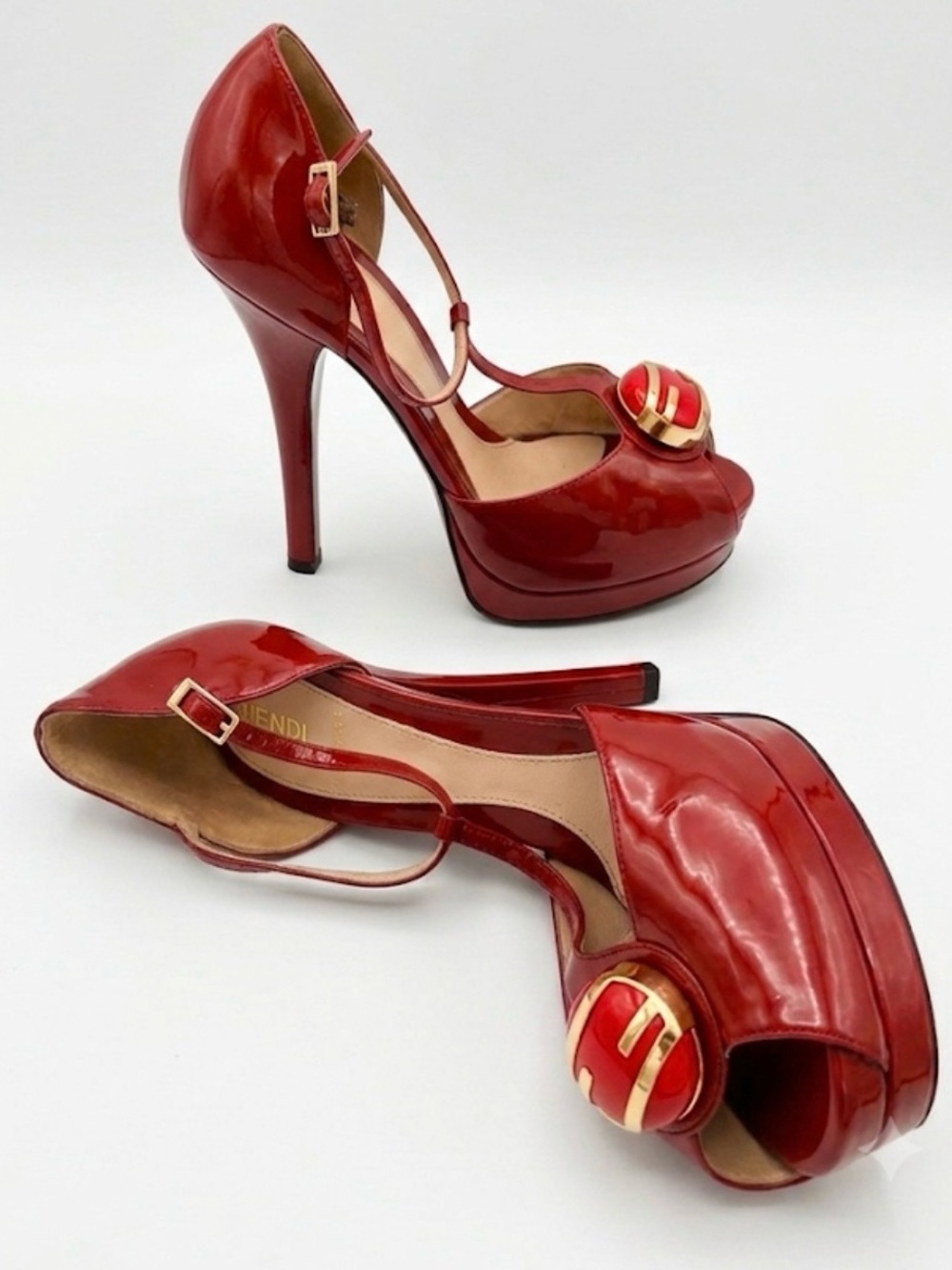 Fendi Deep Red Patent Leather Platform T-Strap Peep-Toe Heels with Gold Accent